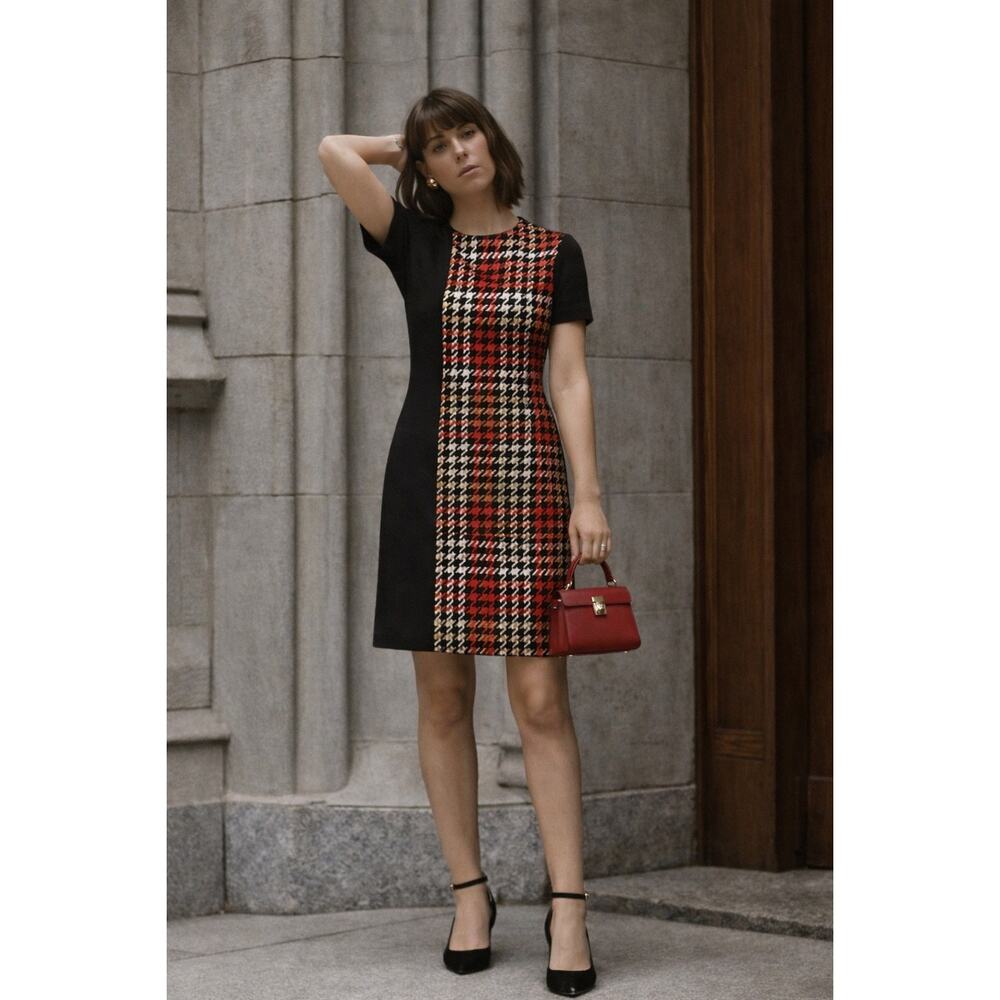 Martin Grant Paris Color-Block Wool Dress | Red Houndstooth | Made in France EUC